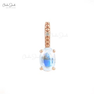 Beautiful Hidden Bail Pendant Necklace Studded White Diamond Authentic Rainbow Moonstone Pendant in Pure 14k Rose Gold Mother's Day Gift