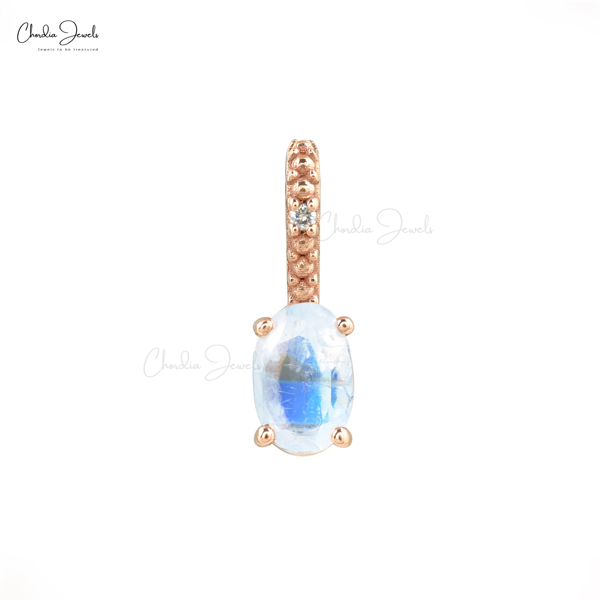 Beautiful Hidden Bail Pendant Necklace Studded White Diamond Authentic Rainbow Moonstone Pendant in Pure 14k Rose Gold Mother’s Day Gift