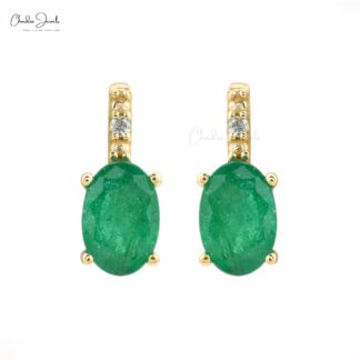 Genuine Emerald & Diamond Earrings Solid 14k Yellow Gold Stud Earrings For Her