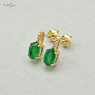 Genuine Emerald & Diamond Earrings Solid 14k Yellow Gold Stud Earrings For Her