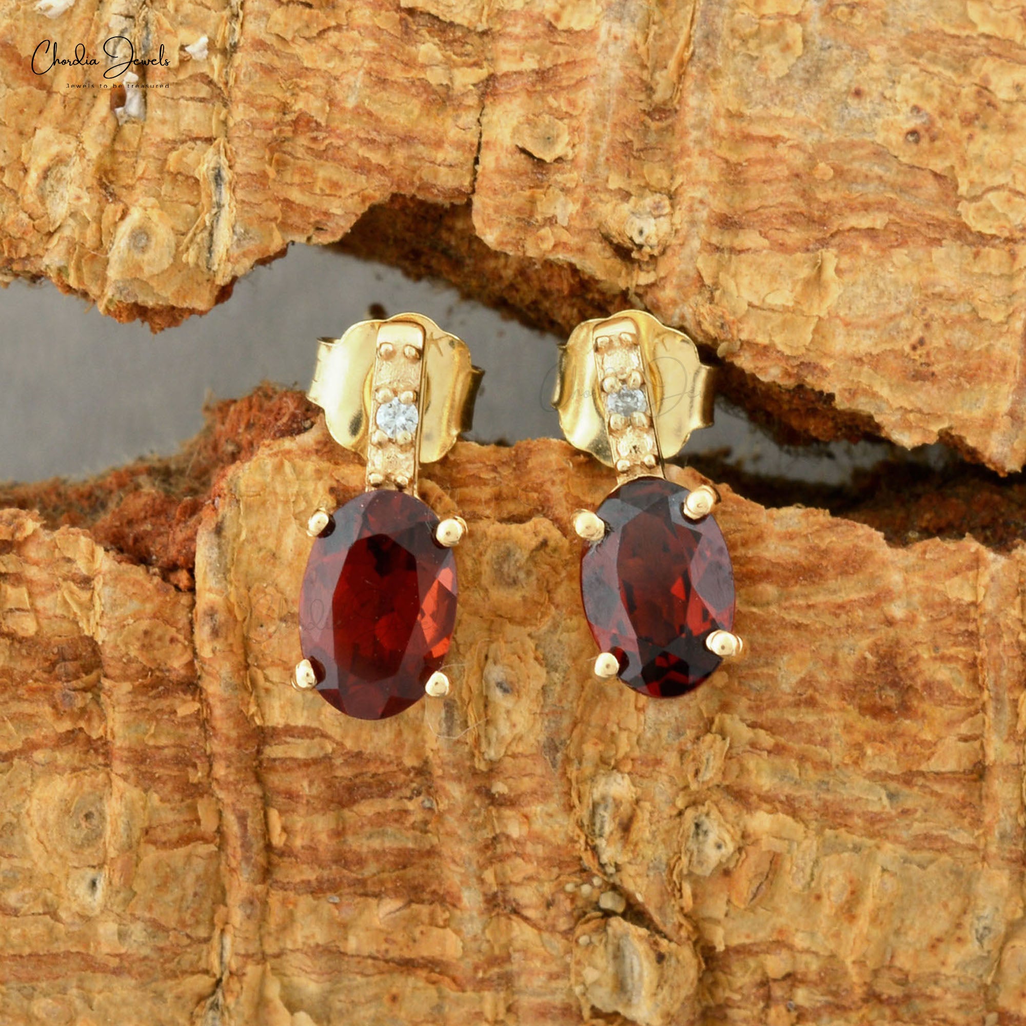 Natural Garnet Earrings 14k Solid Yellow Gold Diamond Earrings 6x4mm Oval Cut Gemstone Earrings For January Birthstone