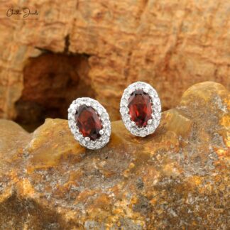 Classic Design Genuine Red Garnet Oval Shape Halo Stud Earrings Studded With White Diamonds Real 14k White Gold Jewelry Gift For Wife
