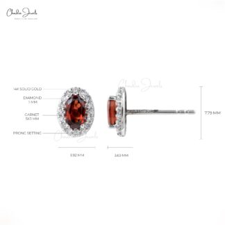 Classic Design Genuine Red Garnet Oval Shape Halo Stud Earrings Studded With White Diamonds Real 14k White Gold Jewelry Gift For Wife