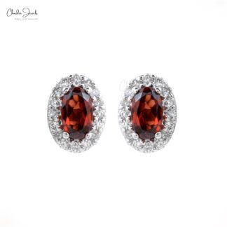 Classic Design Genuine Red Garnet Oval Shape Halo Stud Earrings Studded With White Diamonds Real 14k White Gold Jewelry Gift For Wife