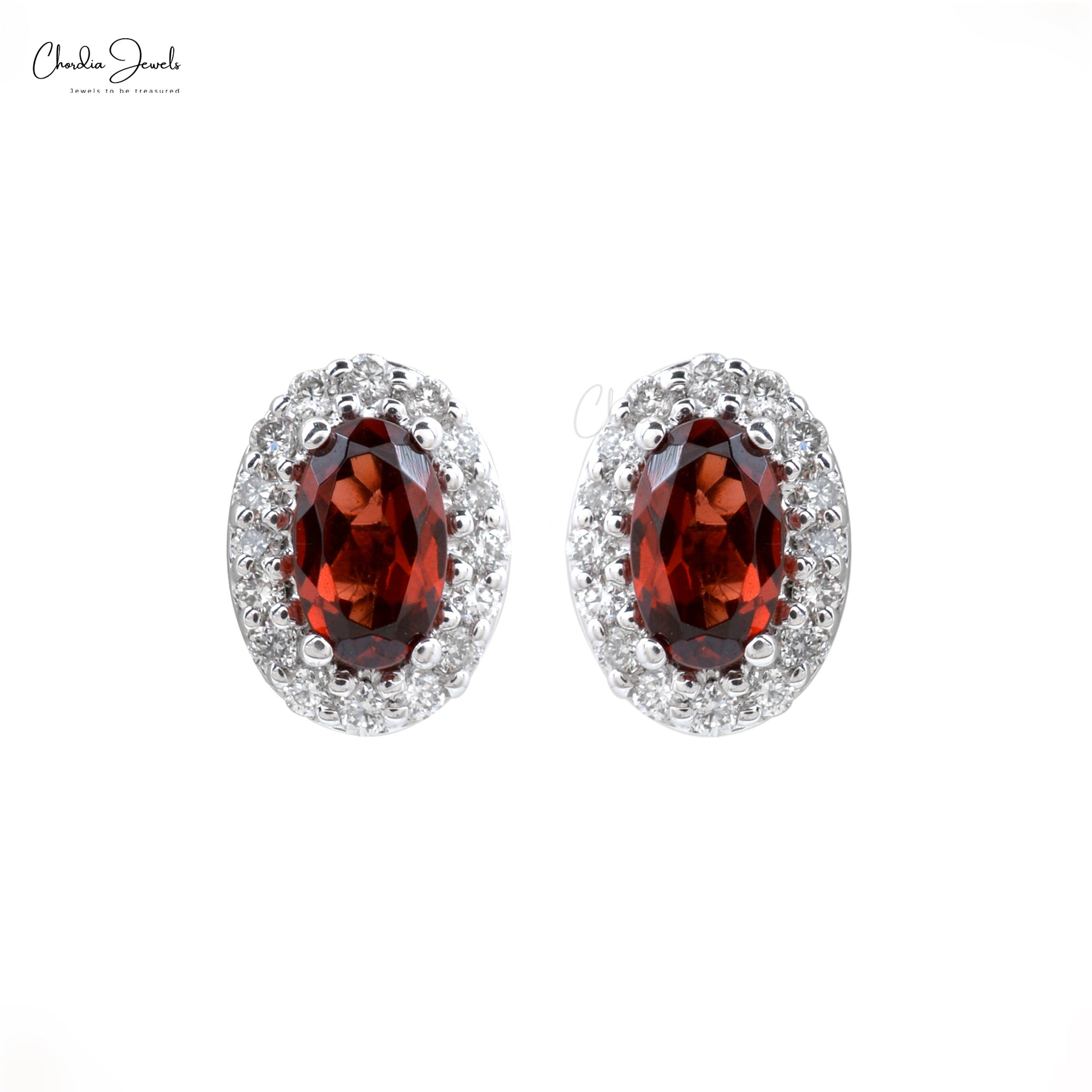 Classic Design Genuine Red Garnet Oval Shape Halo Stud Earrings Studded With White Diamonds Real 14k White Gold Jewelry Gift For Wife