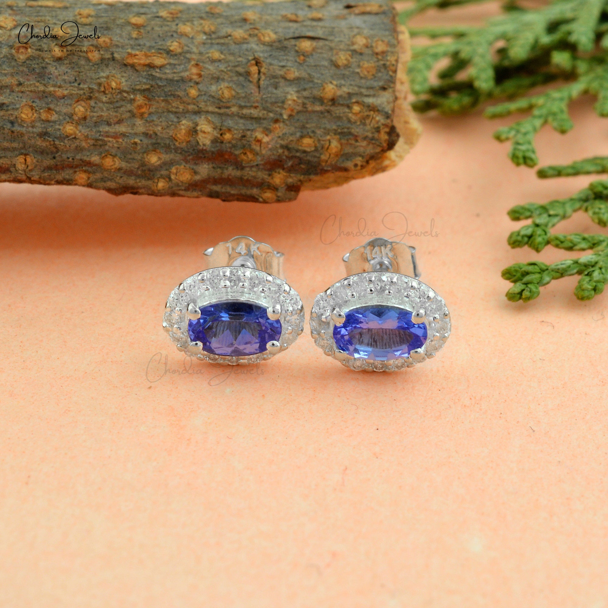Real 14k White Gold Genuine Tanzanite Halo Earrings 1mm Round Cut Diamond Pave Set Studs Summer Jewelry For Gift