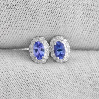 Real 14k White Gold Genuine Tanzanite Halo Earrings 1mm Round Cut Diamond Pave Set Studs Summer Jewelry For Gift