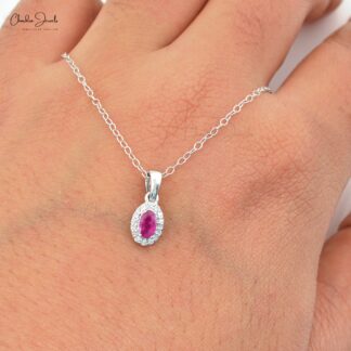 Minimalist Natural Diamond Halo Pendant 14k Real White Gold Dainty Necklace Pendant Genuine Red Ruby Gemstone Jewelry Bridesmaid Gift