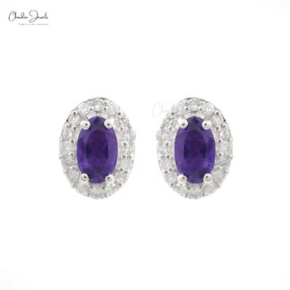 Real 14k White Gold Diamond Halo Wedding Earrings, 5x3mm Oval Cut 4-Prong Set Genuine Amethyst Earrings, 0.44 Ct February Birthstone Purple Gemstone Fine Jewelry