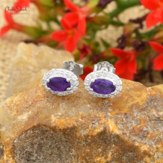 Real 14k White Gold Diamond Halo Wedding Earrings, 5x3mm Oval Cut 4-Prong Set Genuine Amethyst Earrings, 0.44 Ct February Birthstone Purple Gemstone Fine Jewelry