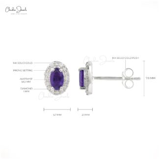 Real 14k White Gold Diamond Halo Wedding Earrings, 5x3mm Oval Cut 4-Prong Set Genuine Amethyst Earrings, 0.44 Ct February Birthstone Purple Gemstone Fine Jewelry