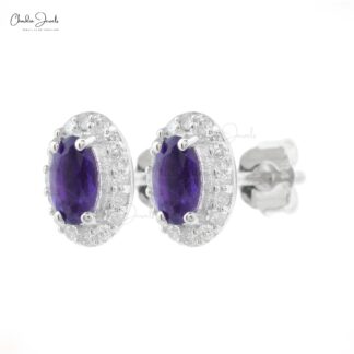 Real 14k White Gold Diamond Halo Wedding Earrings, 5x3mm Oval Cut 4-Prong Set Genuine Amethyst Earrings, 0.44 Ct February Birthstone Purple Gemstone Fine Jewelry
