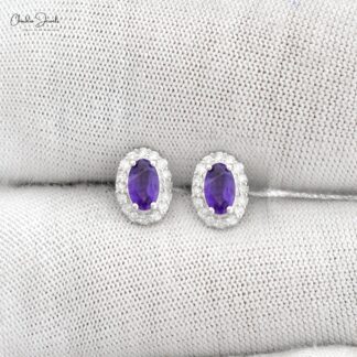 Real 14k White Gold Diamond Halo Wedding Earrings, 5x3mm Oval Cut 4-Prong Set Genuine Amethyst Earrings, 0.44 Ct February Birthstone Purple Gemstone Fine Jewelry