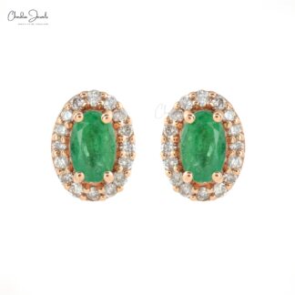 Genuine Emerald & Diamond Halo Earrings In 14k Solid Rose Gold