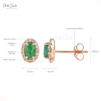 Genuine Emerald & Diamond Halo Earrings In 14k Solid Rose Gold