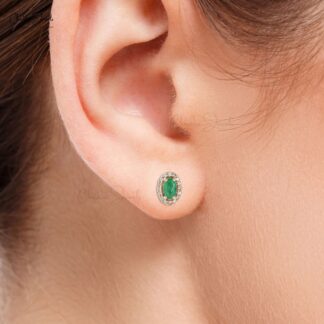 Genuine Emerald & Diamond Halo Earrings In 14k Solid Rose Gold