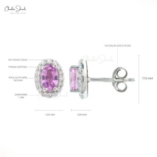 Halo Birthstone Stud In 14k White Gold Pink Sapphire And Diamond Handmade Earrings