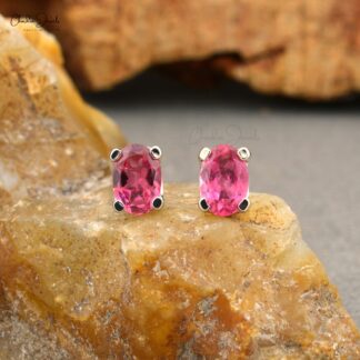 Authentic Pink Tourmaline 6x4mm Oval Cut Solitaire Studs 14k Real White Gold October Birthstone Hallmarked Jewelry