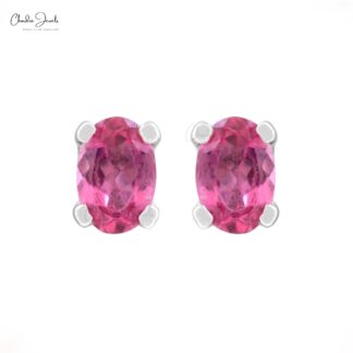 Authentic Pink Tourmaline 6x4mm Oval Cut Solitaire Studs 14k Real White Gold October Birthstone Hallmarked Jewelry