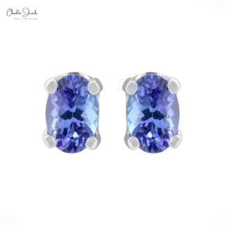 Natural Tanzanite Solitaire Earrings In Real 14k White Gold Oval 6x4mm Gemstone Jewelry