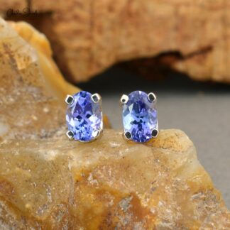 Sparkling Oval Tanzanite 1.08Ct Solitaire Studs Genuine 14k White Gold Push Back Earrings For December Birthstone