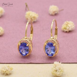 Natural 1.6ct Tanzanite Dangle Earrings 14k Solid Yellow Gold Leverback Earring For Gift