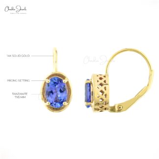 Natural 1.6ct Tanzanite Dangle Earrings 14k Solid Yellow Gold Leverback Earring For Gift