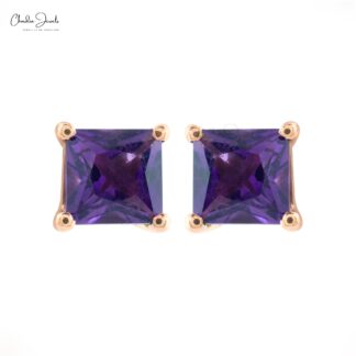 Natural Amethyst Gemstone Square Studs in 14k Rose Gold February Birthstone Solitaire Studs