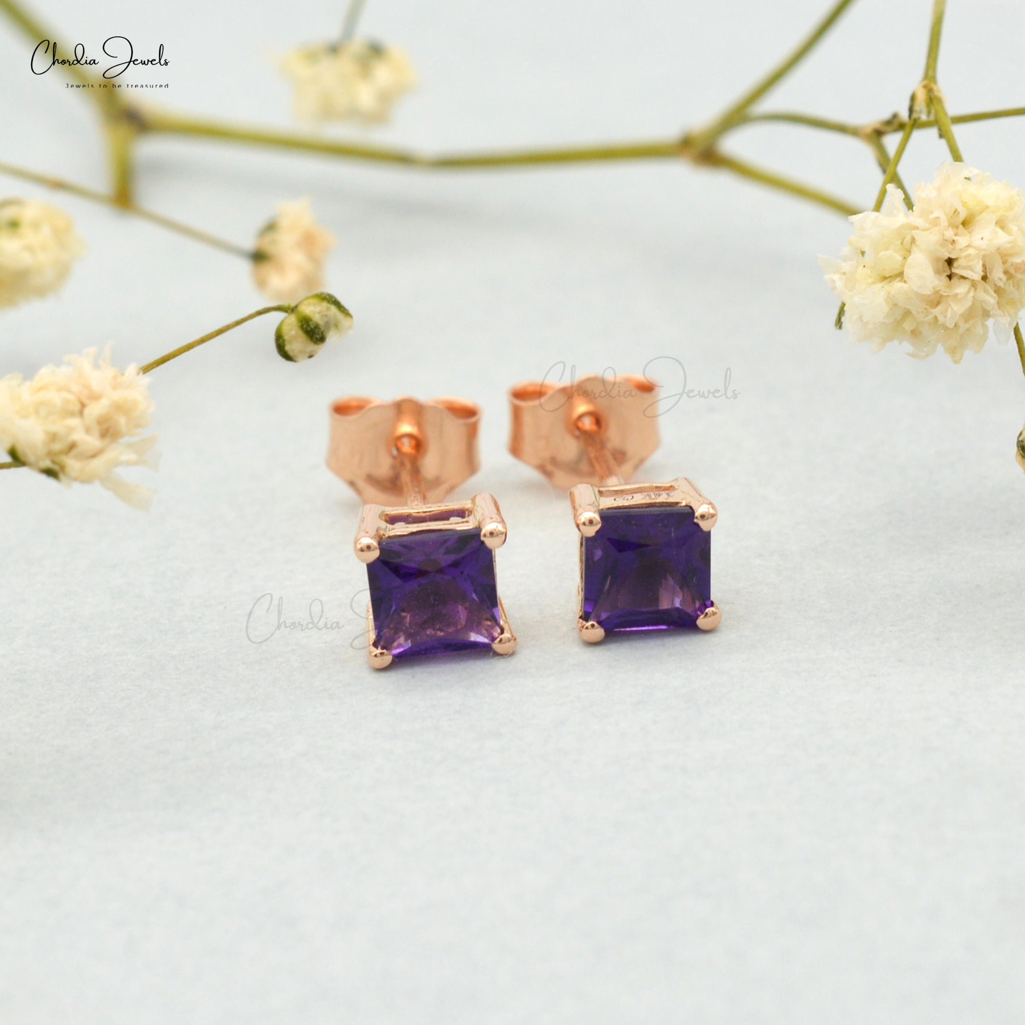 Natural Amethyst Gemstone Square Studs in 14k Rose Gold February Birthstone Solitaire Studs