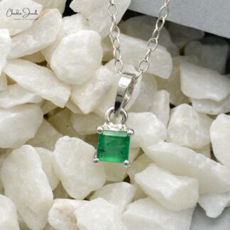 Square Dangle Pendant With 4mm Emerald Gemstone Prong Set In 14k White Gold Necklace