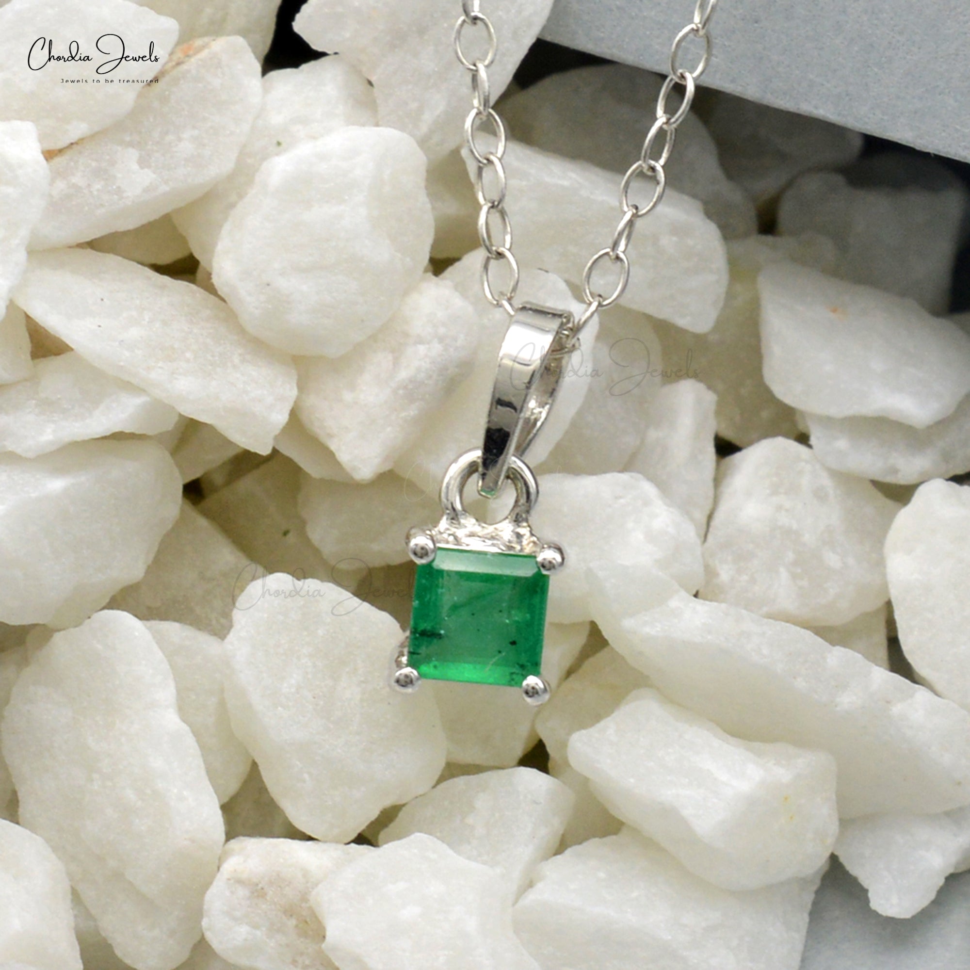 Square Dangle Pendant With 4mm Emerald Gemstone Prong Set In 14k White Gold Necklace