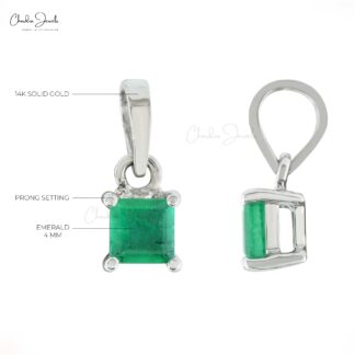 Square Dangle Pendant With 4mm Emerald Gemstone Prong Set In 14k White Gold Necklace