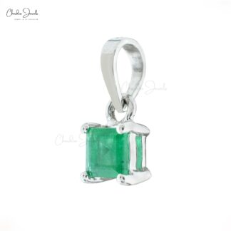 Square Dangle Pendant With 4mm Emerald Gemstone Prong Set In 14k White Gold Necklace