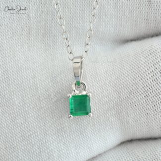 Square Dangle Pendant With 4mm Emerald Gemstone Prong Set In 14k White Gold Necklace