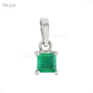 Square Dangle Pendant With 4mm Emerald Gemstone Prong Set In 14k White Gold Necklace