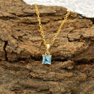 Dainty Solitaire Charm In 14k Yellow Gold Swiss Blue Topaz 4mm Gemstone Pendant