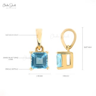 Dainty Solitaire Charm In 14k Yellow Gold Swiss Blue Topaz 4mm Gemstone Pendant