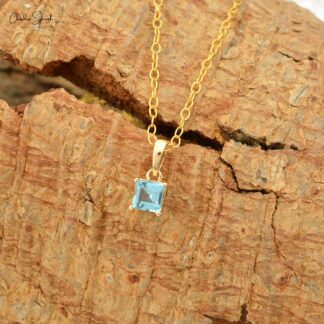 Dainty Solitaire Charm In 14k Yellow Gold Swiss Blue Topaz 4mm Gemstone Pendant