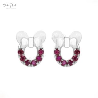 Mickey Head Kids Earring With 2mm Burma Ruby July Birthstone Studs In 14k White Gold