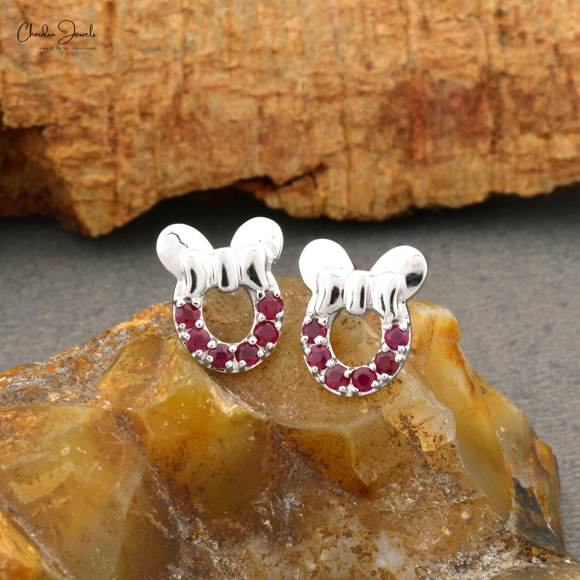 Mickey Head Kids Earring With 2mm Burma Ruby July Birthstone Studs In 14k White Gold