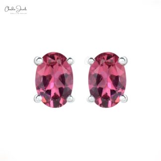 Single Gemstone Earrings In 14k White Gold Pink Tourmaline Dainty Solitaire Studs For Mom