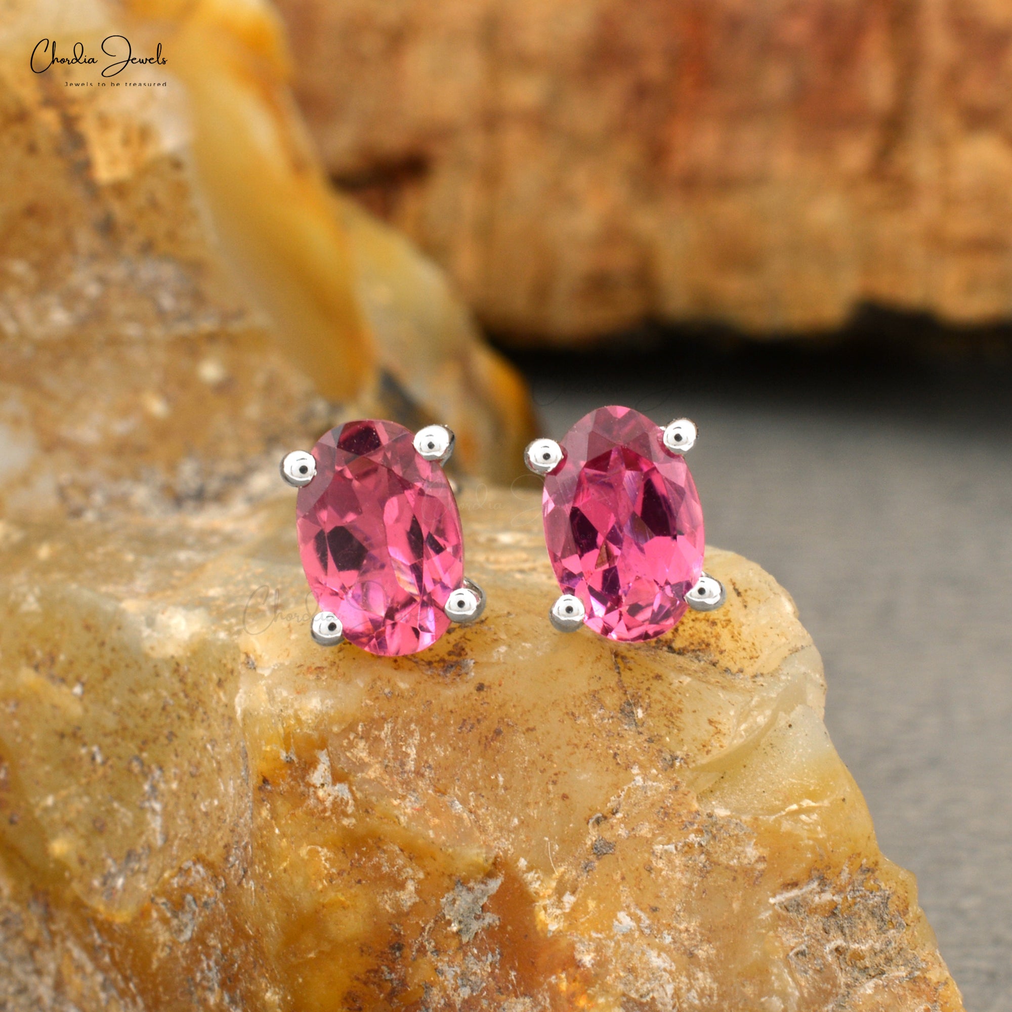 Single Gemstone Earrings In 14k White Gold Pink Tourmaline Dainty Solitaire Studs For Mom