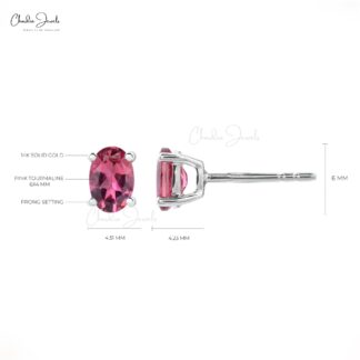 Single Gemstone Earrings In 14k White Gold Pink Tourmaline Dainty Solitaire Studs For Mom