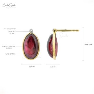 Gemstone Push Back Studs In 14k Yellow Gold Tourmaline And Diamond 2 Stone Earrings