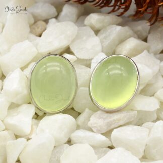 Genuine Prehnite Earrings 1.63 Carats Oval Cabochon Dainty Earrings 14k Solid White Gold Earrings For Wedding Gift