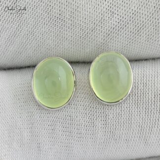 Genuine Prehnite Earrings 1.63 Carats Oval Cabochon Dainty Earrings 14k Solid White Gold Earrings For Wedding Gift