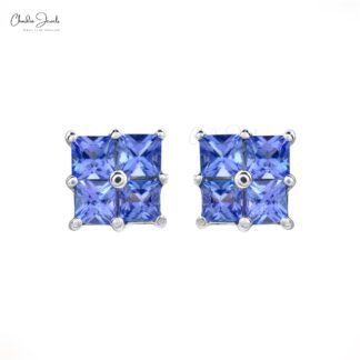 Square-Cut Tanzanite Cluster Earrings Genuine 1.5ct Gemstone in 14k White Gold Mini Studs