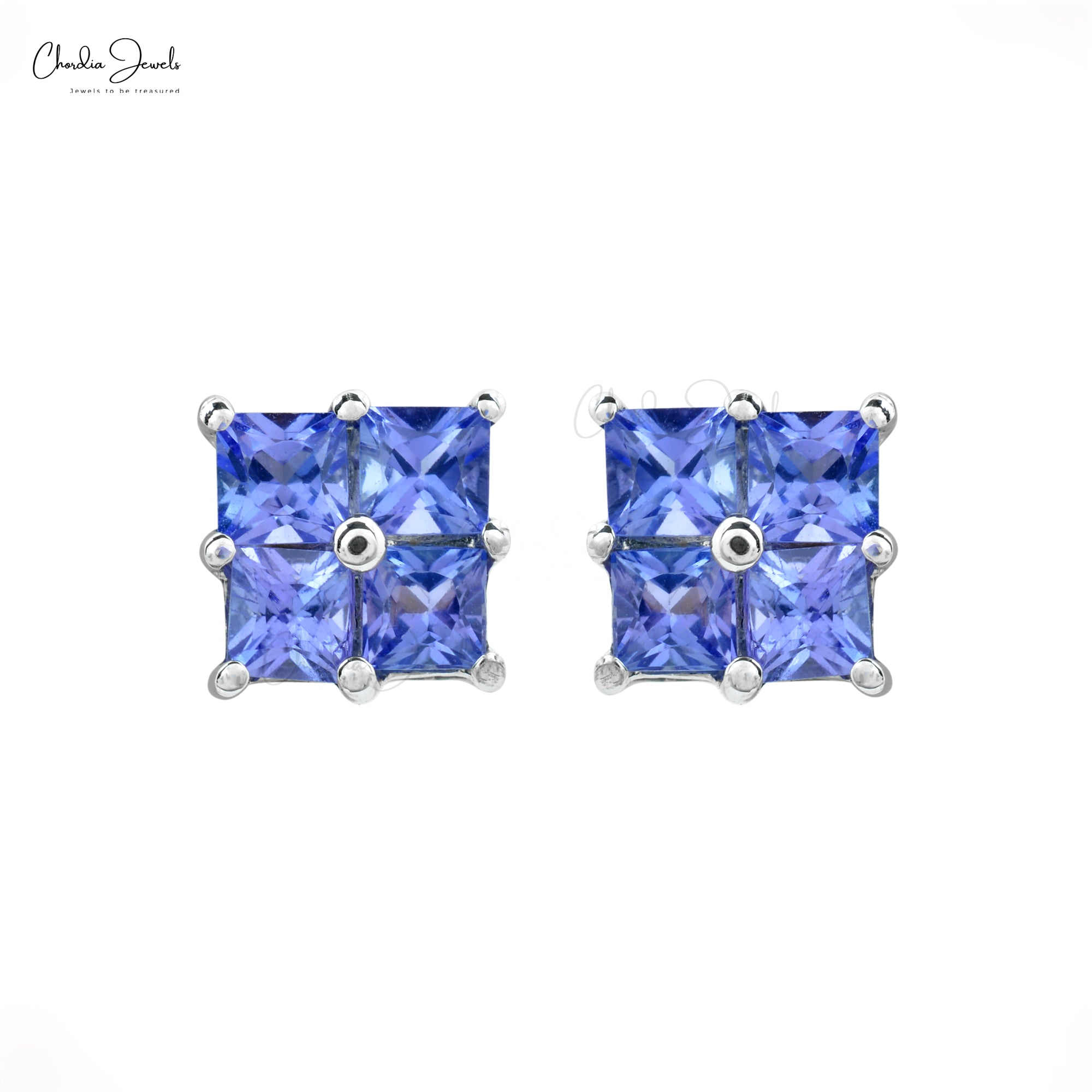 Square-Cut Tanzanite Cluster Earrings Genuine 1.5ct Gemstone in 14k White Gold Mini Studs