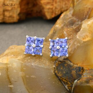 Square-Cut Tanzanite Cluster Earrings Genuine 1.5ct Gemstone in 14k White Gold Mini Studs