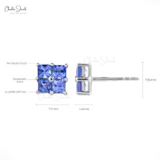 Square-Cut Tanzanite Cluster Earrings Genuine 1.5ct Gemstone in 14k White Gold Mini Studs